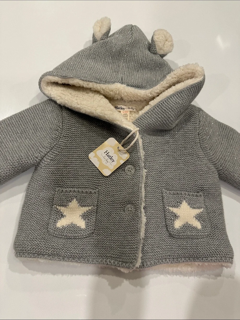 Hatley Baby Cozy Stars Sherpa Lined Sweater Grey Knit Hooded Cardigan 3-6M NWT